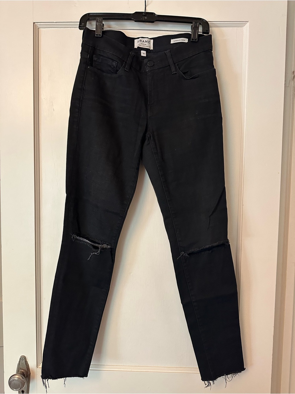 Frame Denim Skinny Jean with Knee Slits and raw hem